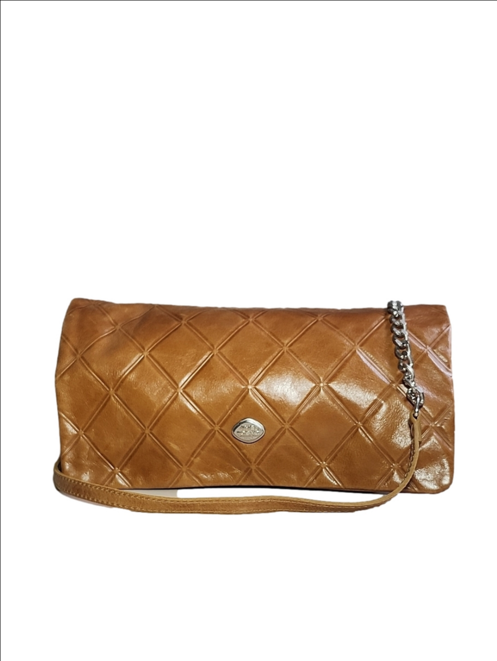 THE TREND Quilted Tan Genuine Leather Crossbody Bag with Chain Strap
